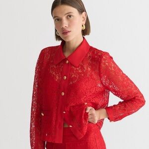 NWT J.Crew Lady Shirt-Jacket In Lace Red Long Sleeve Button Down Blouse Top